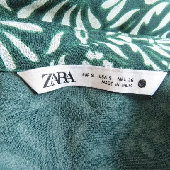 ZARA Sheer Leaf Print Belted Button Front Dress in Forest Green Boho - Size S - Picture 16 of 16